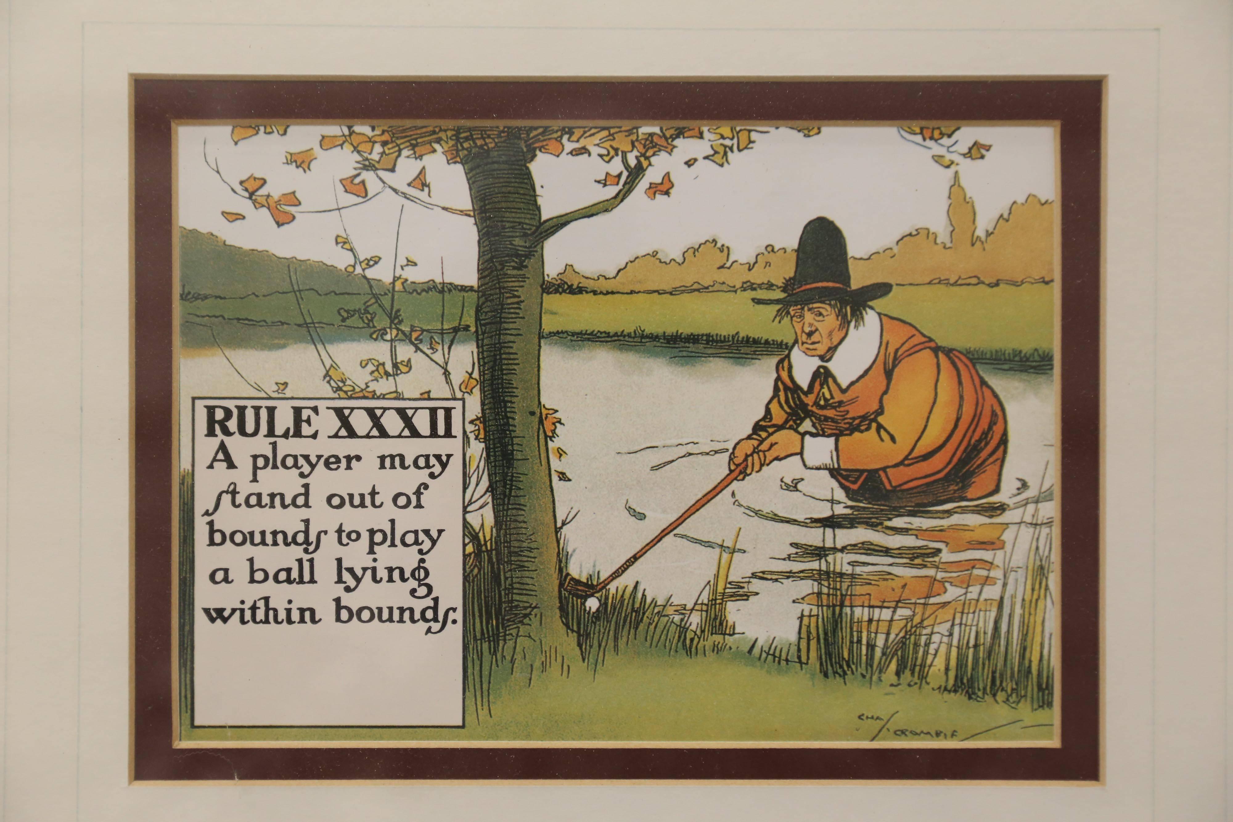Six prints in three separate frames from the original Perrier Rules of Golf. The illustrations are by Charles Crombie, whose work is well known to the collector. The comical Crombie prints on the rules of golf were first published in book form by