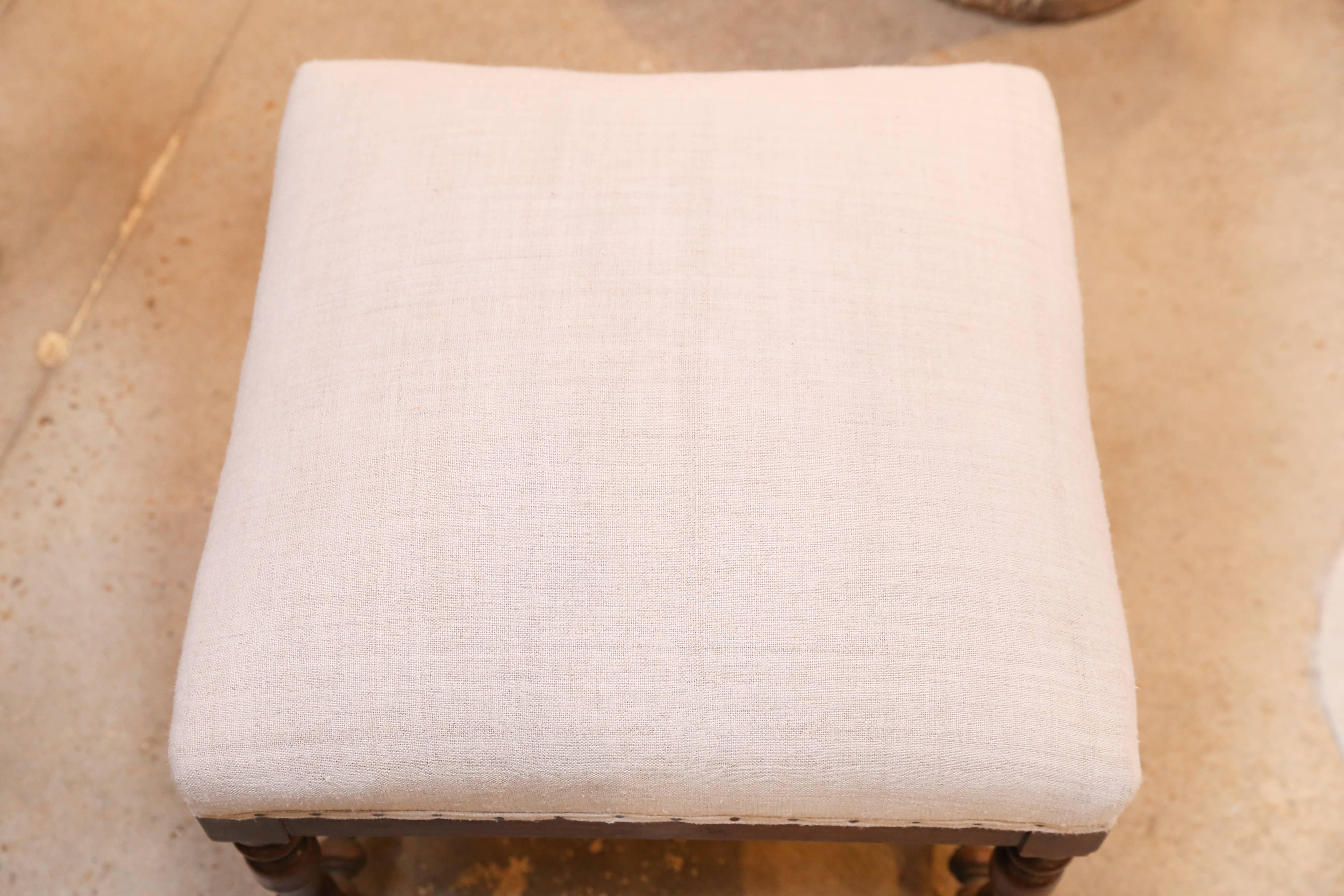 Linen French Stool, Newly Upholstered