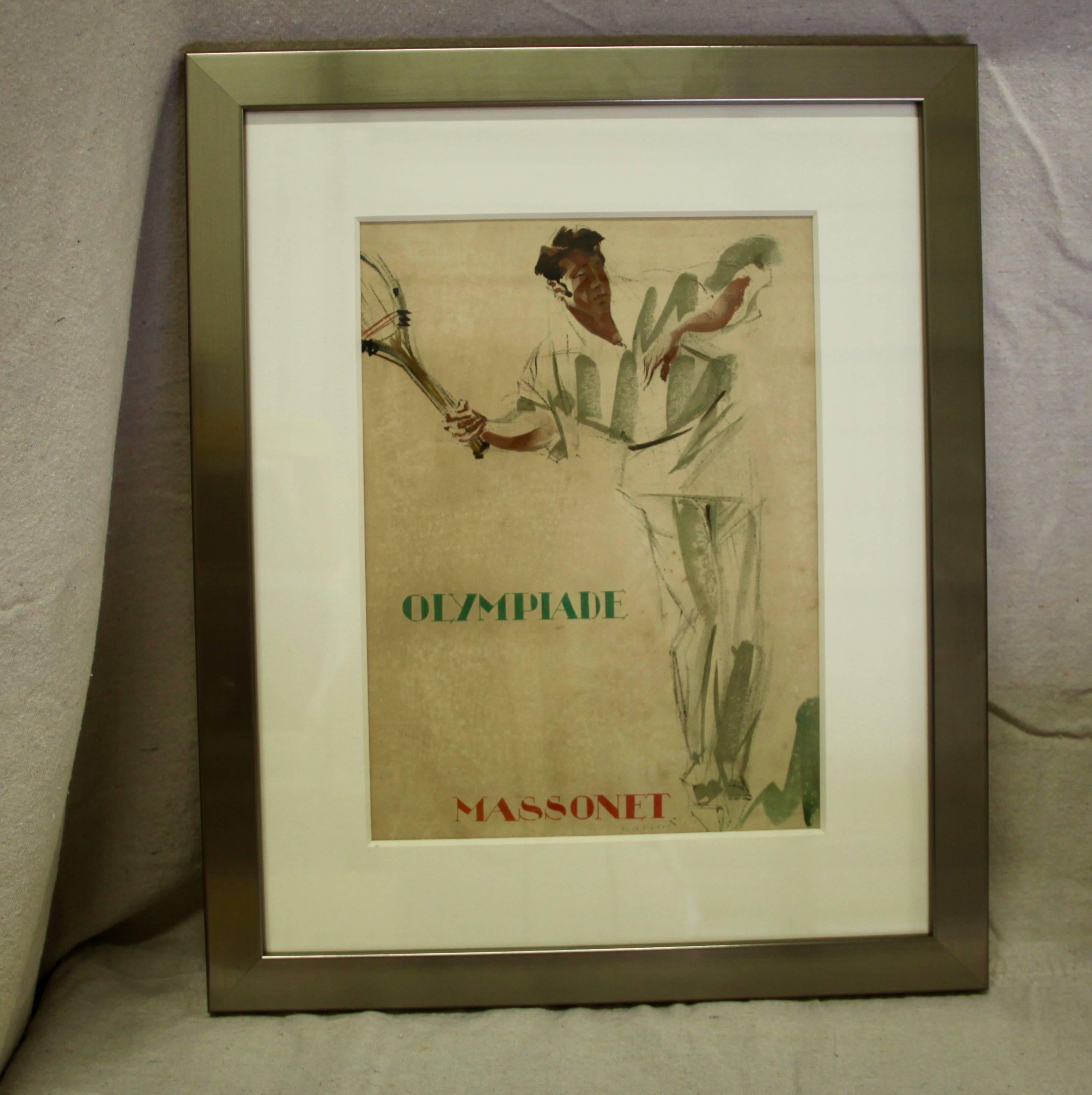 Signed lithographs by Belgian artist Armand Massonet (1892-1979). Part of the Olympiade Series, there are three available - one tennis player with the words 'Olympiade' and 'Massonet', one tennis player without words and one soccer player. In silver