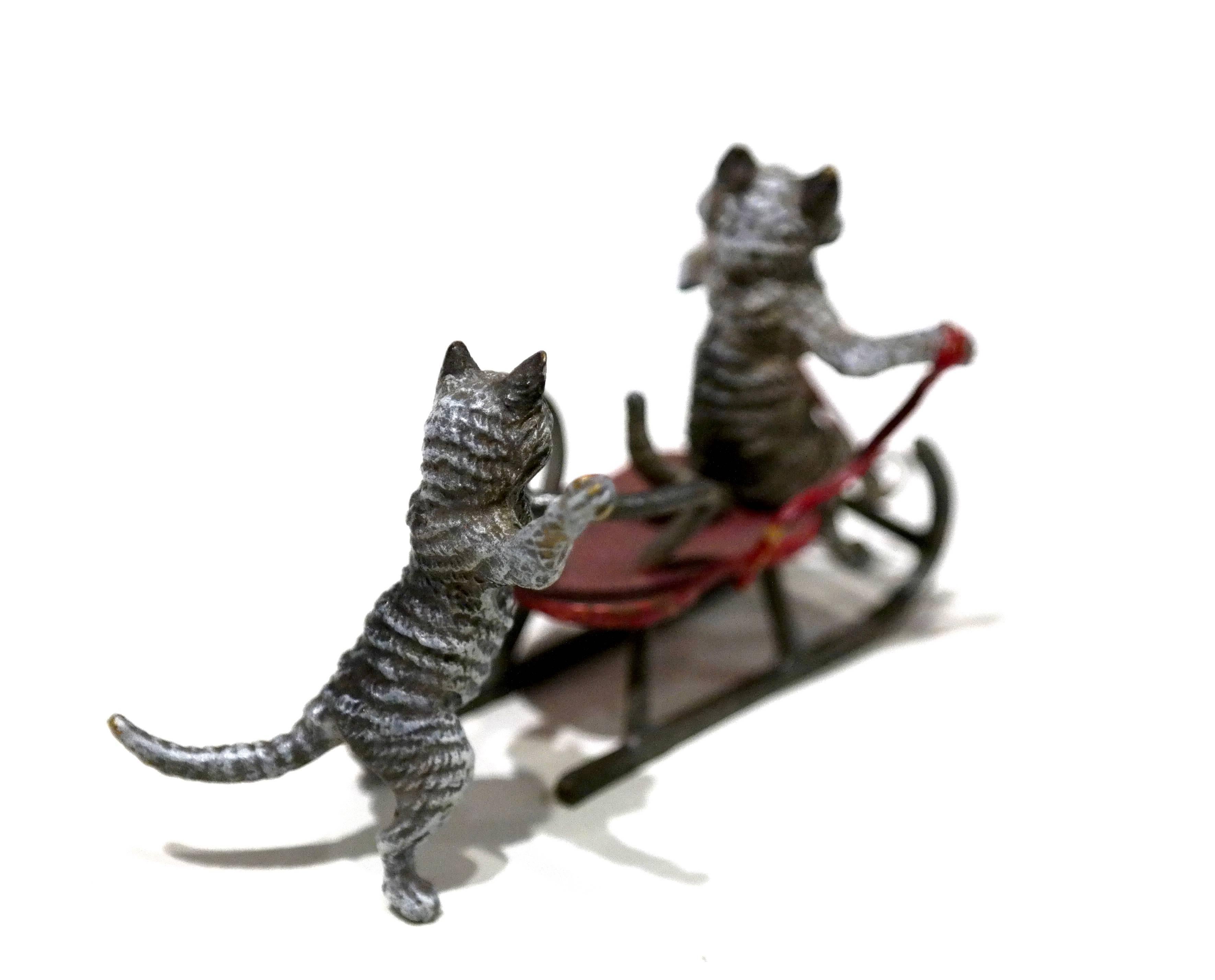Austrian Vienna Bronze, Two Cats at the Fun Sleigh Ride For Sale