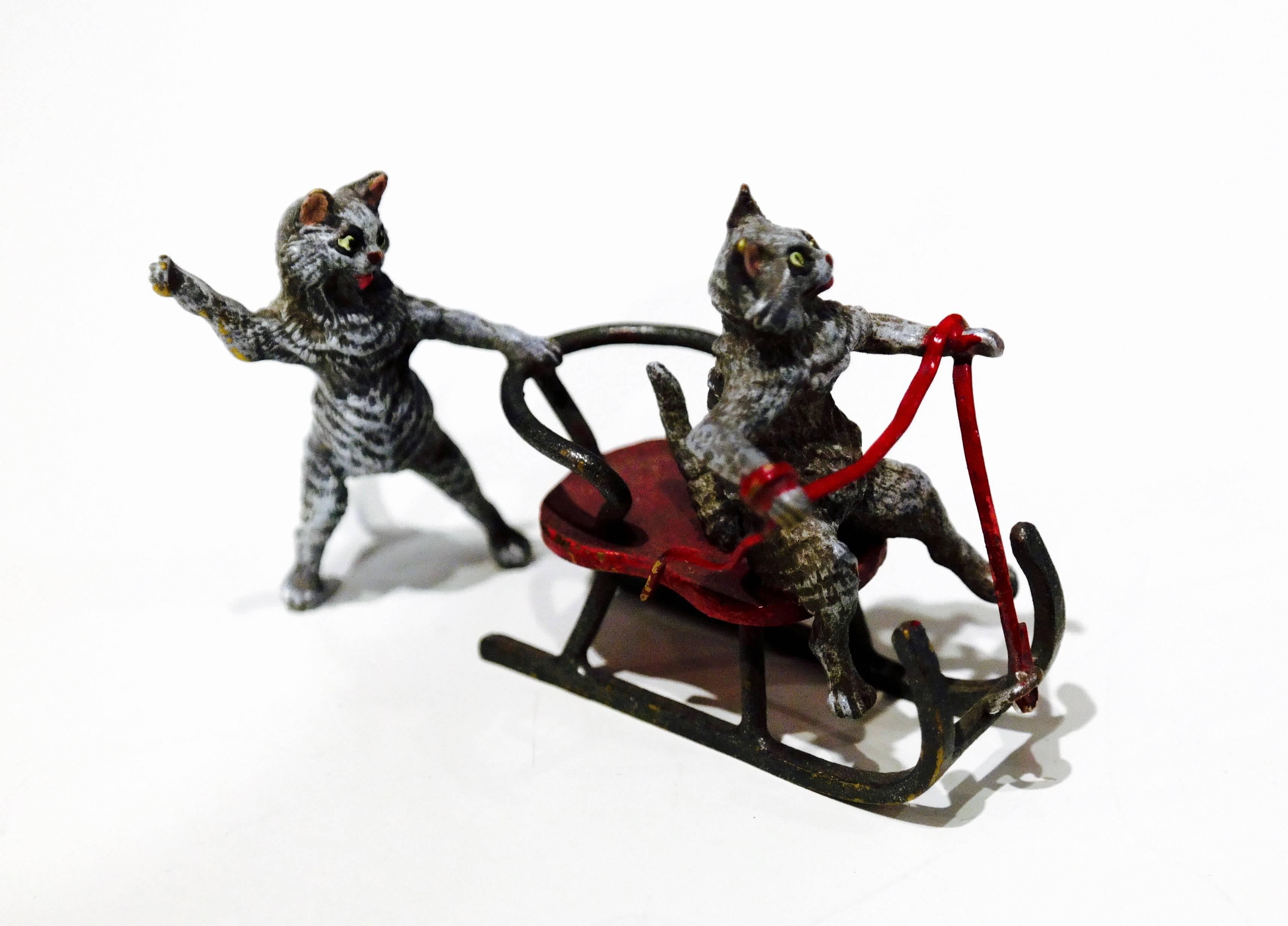 Vienna Bronze, Two Cats at the Fun Sleigh Ride In Good Condition For Sale In Salzburg, Salzburg