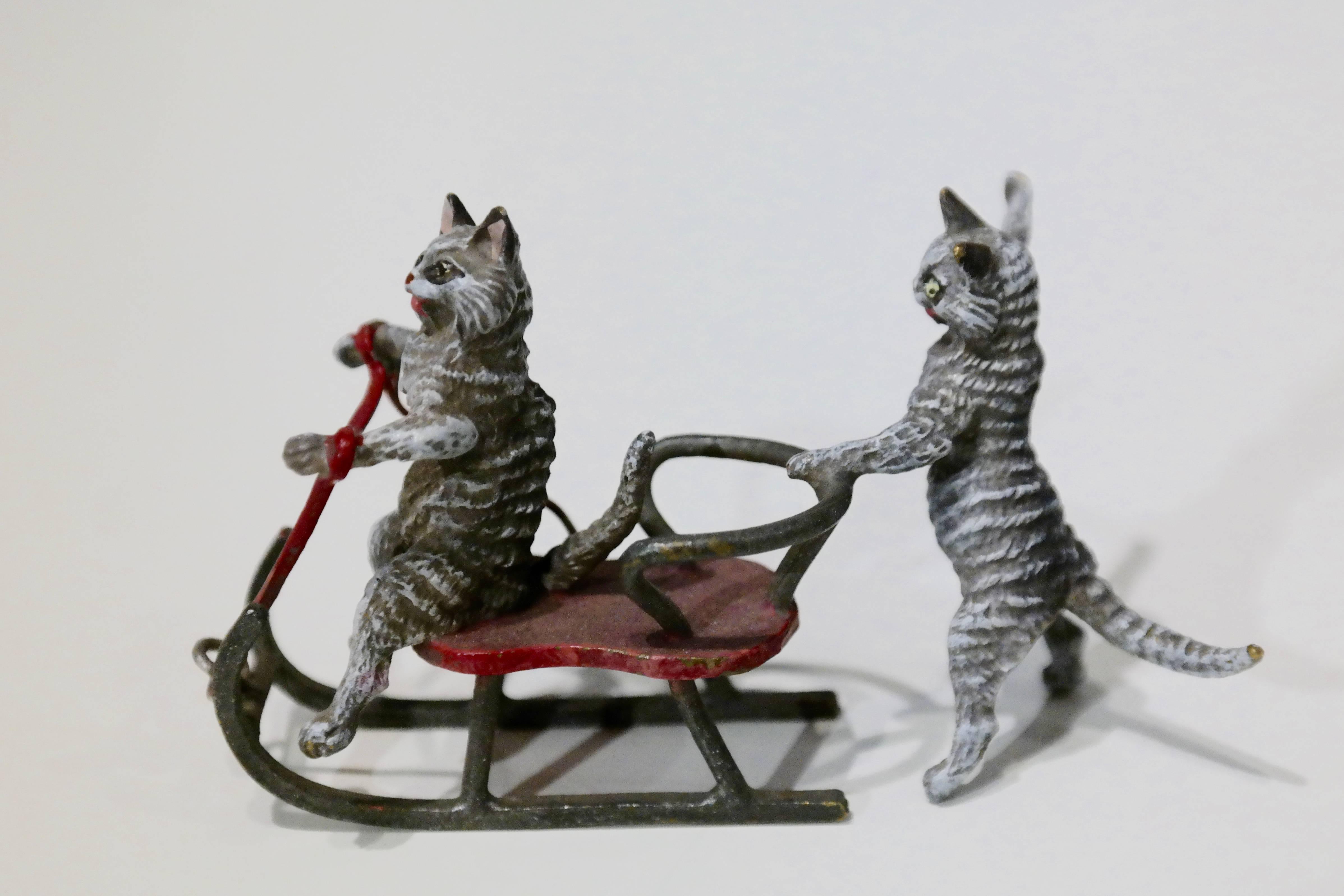 20th Century Vienna Bronze, Two Cats at the Fun Sleigh Ride For Sale