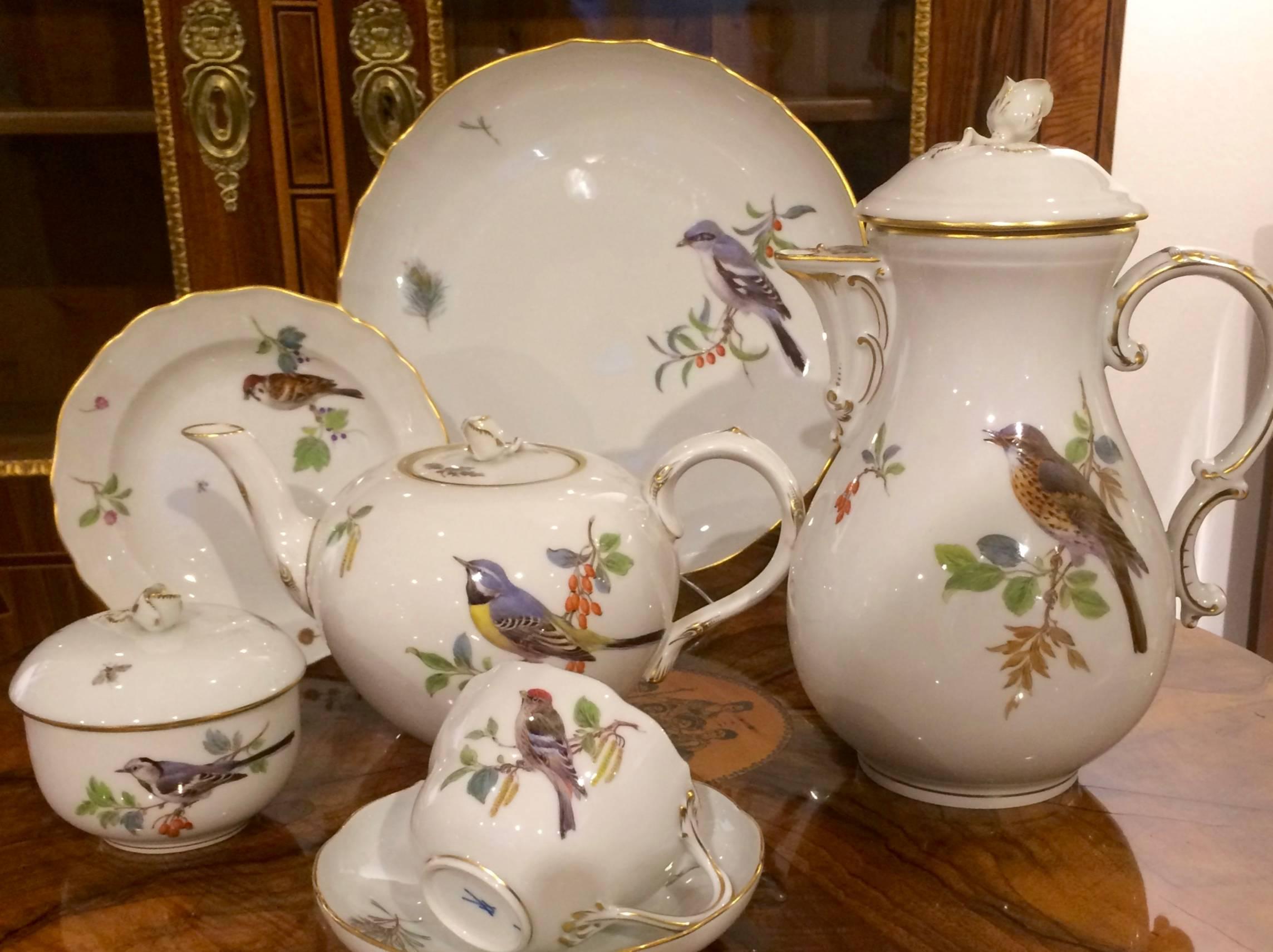Porcelain Meißen Coffee and Tea Service for 12 Persons, Rare Decor with Birds and Insects For Sale