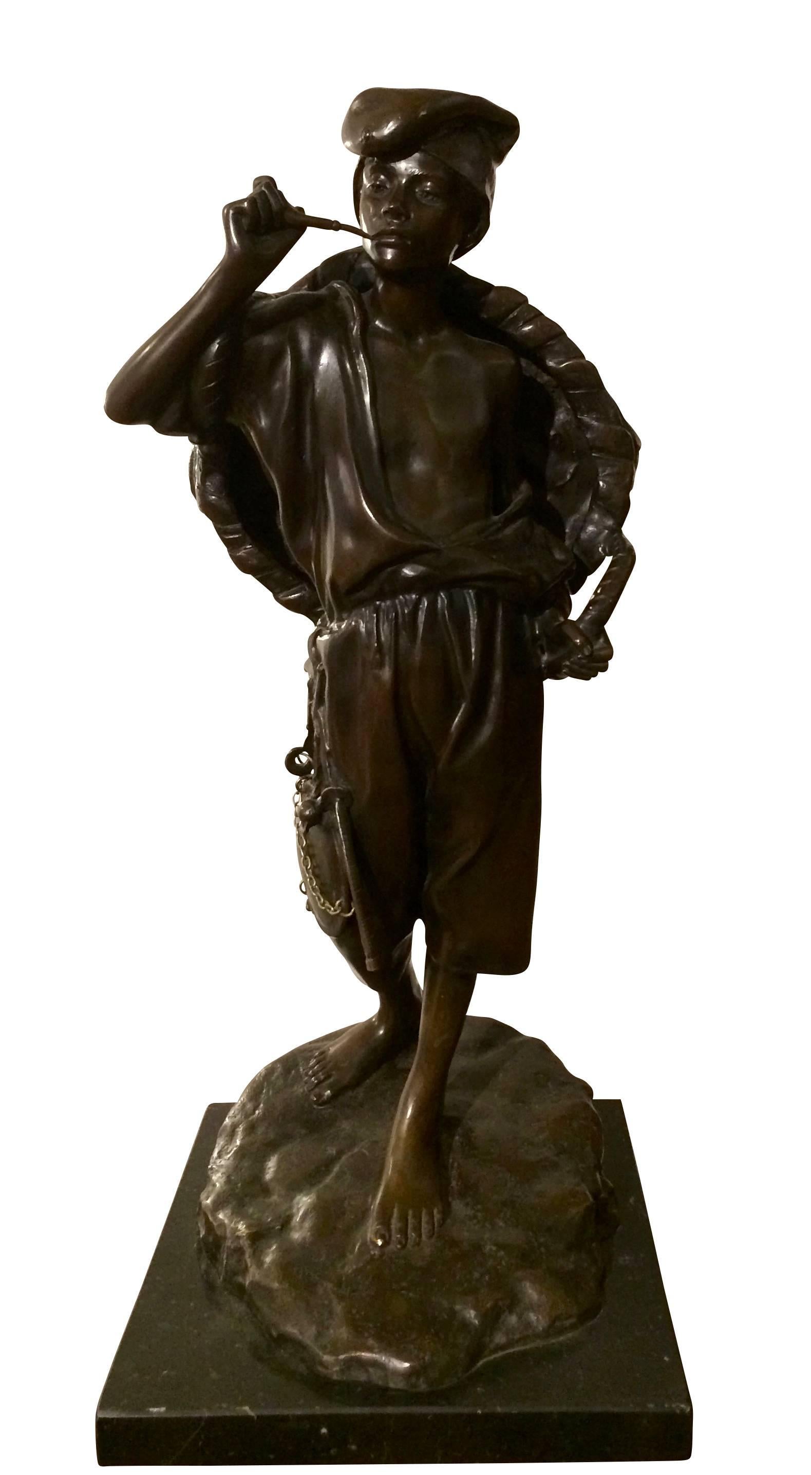 Art Nouveau Young Fisherman Sculpture, Achille Dorsi For Sale