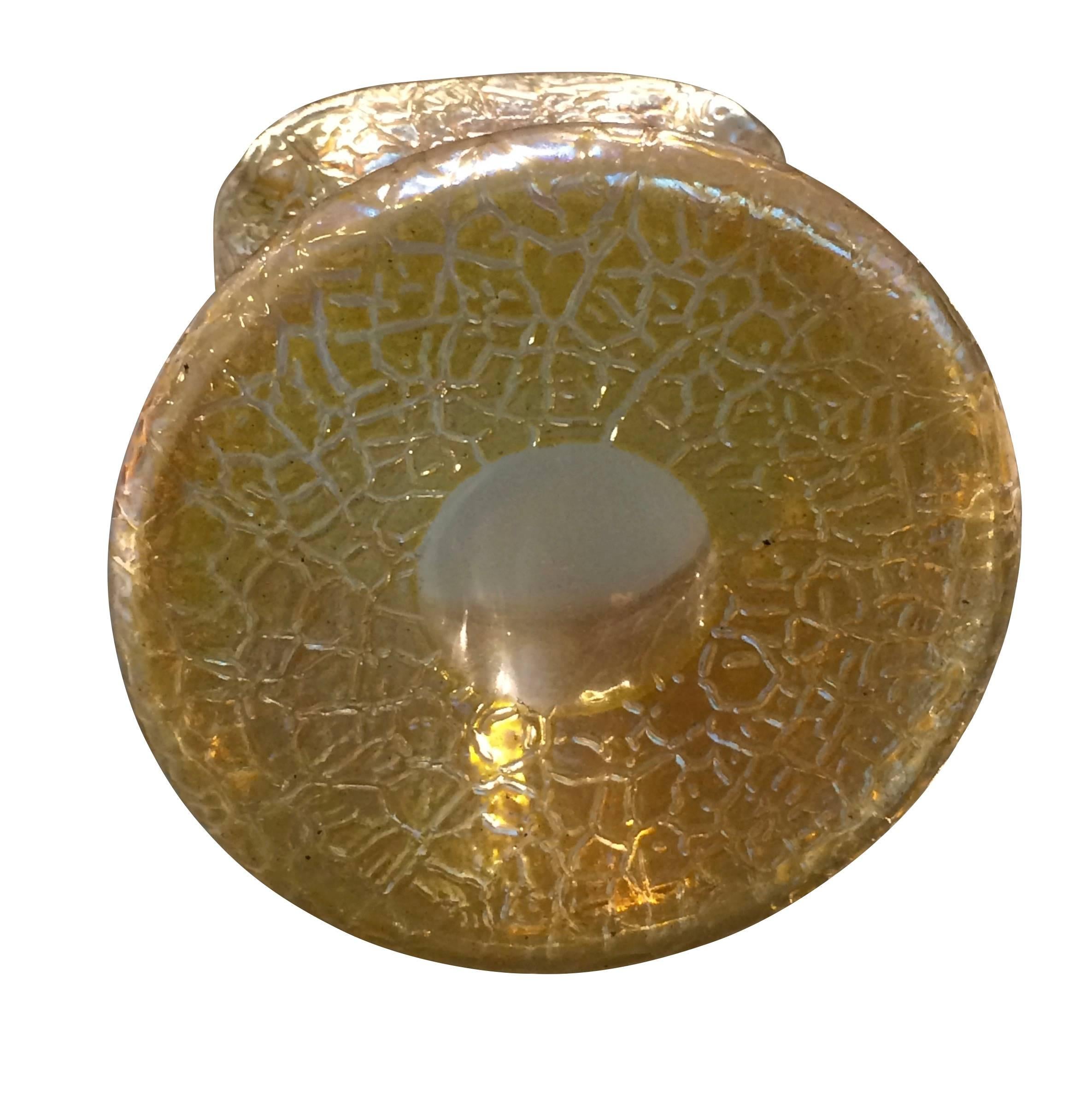 This irisdecent honey-colored ground vase features the mimosa decor crackle by famed Bohemian Manufactures Loetz glass.