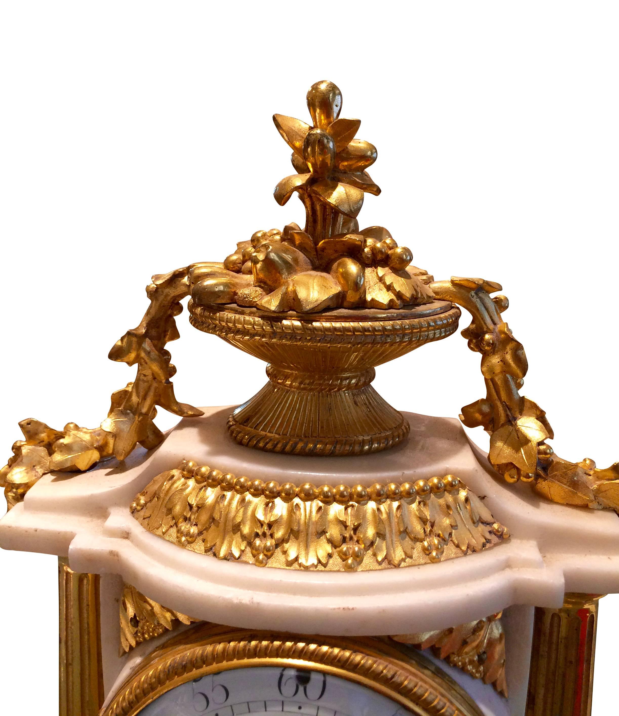 French Chimney Clock, Carrara Marble with Gilded Bronze Applications, circa 1780 For Sale