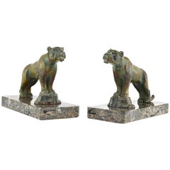 Hippolyte Moreau Pair of French Art Deco Tiger Bookends, Late 1910s
