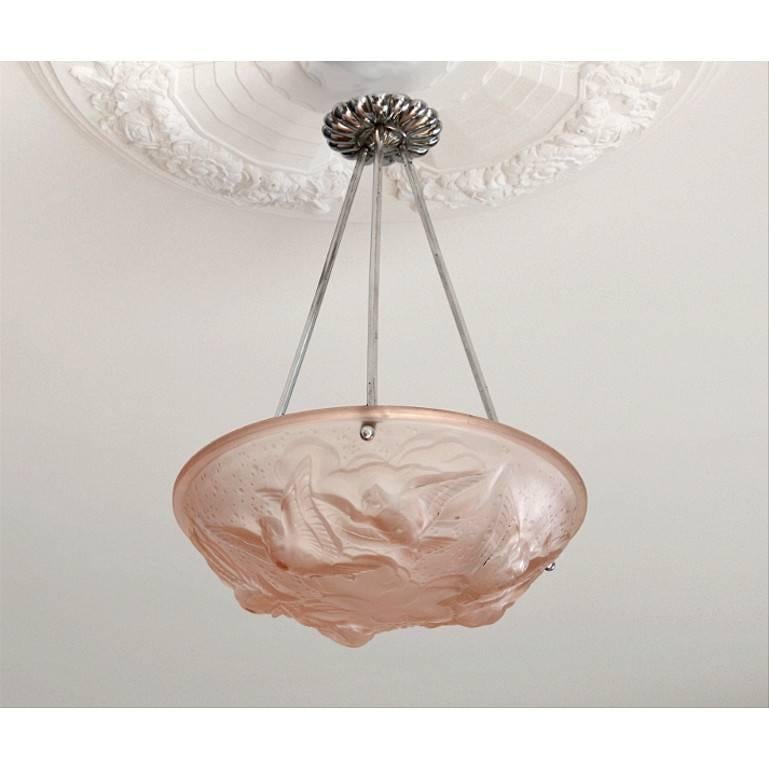 Frosted Muller Freres French Art Deco Pink Bird Pendant Chandelier, 1930