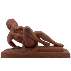 Marcel Bouraine French Art Deco Young Woman Lying Down Terracotta Sculpture