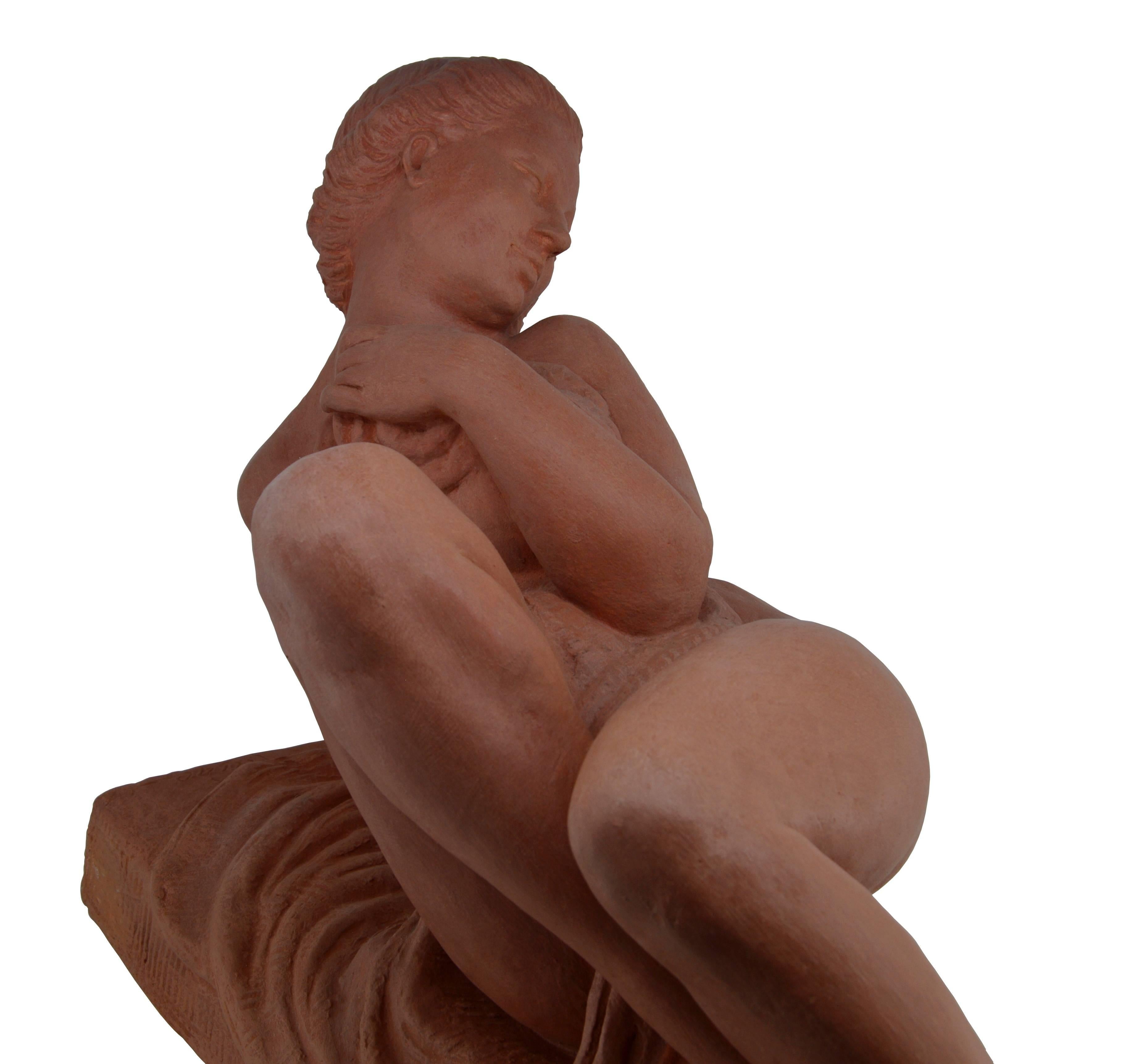 Marcel Bouraine French Art Deco Young Woman Lying Down Terracotta Sculpture In Excellent Condition In Saint-Amans-des-Cots, FR
