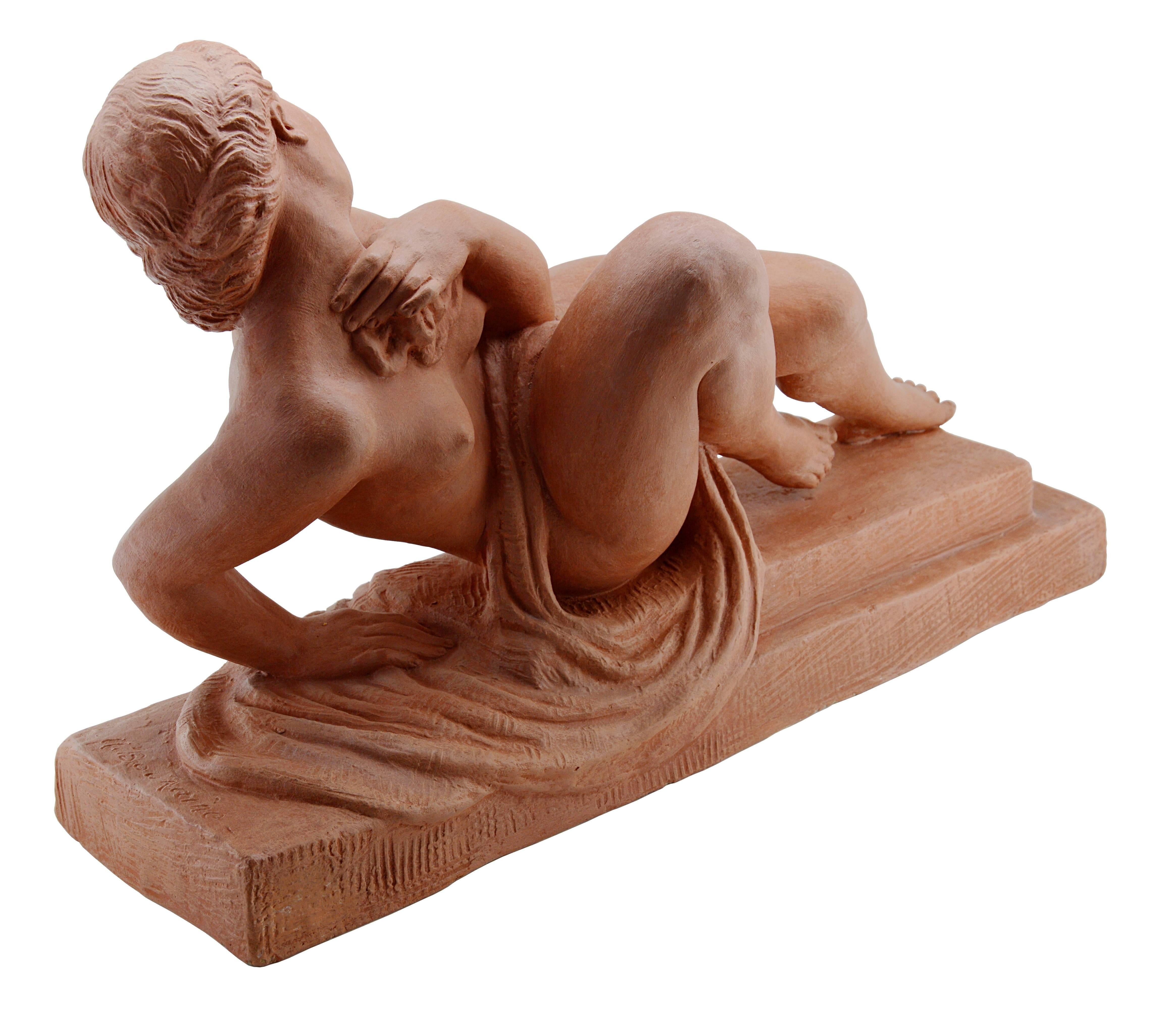 Early 20th Century Marcel Bouraine French Art Deco Young Woman Lying Down Terracotta Sculpture