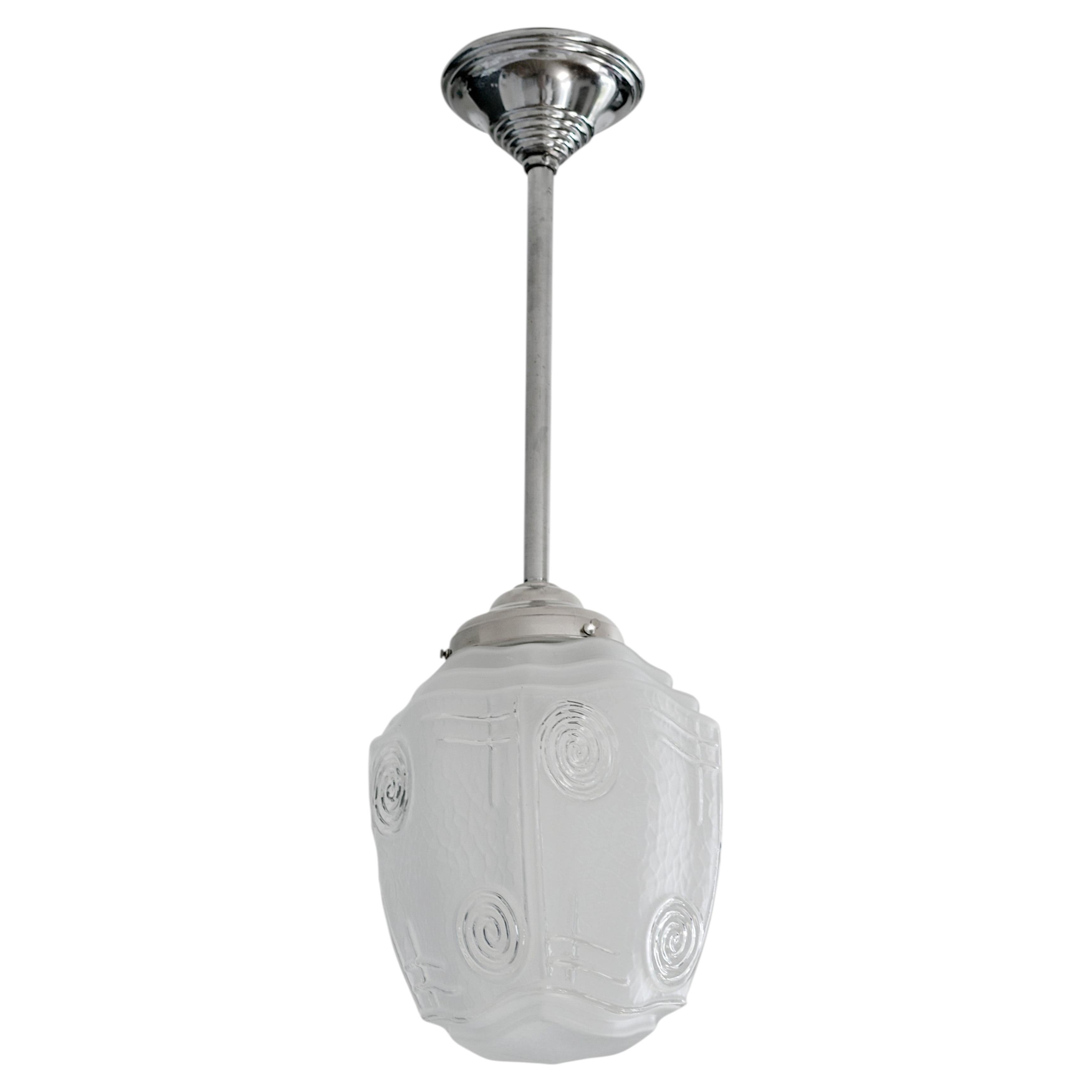1920s French Art Deco Pendant Chandelier in Glass & Brass