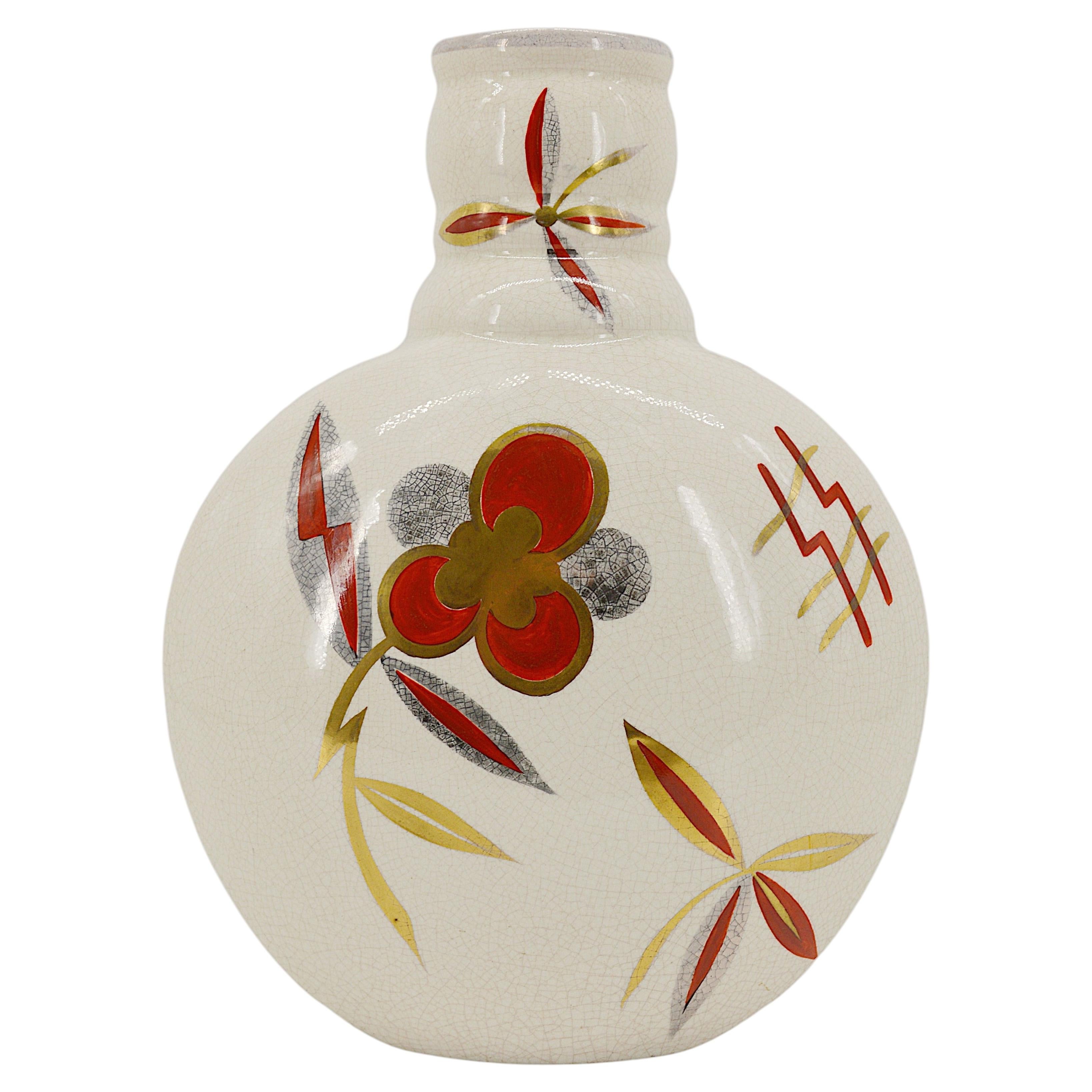 Vaso in ceramica Art Deco francese di Sainte Radegonde, disegno floreale, anni '20 in vendita