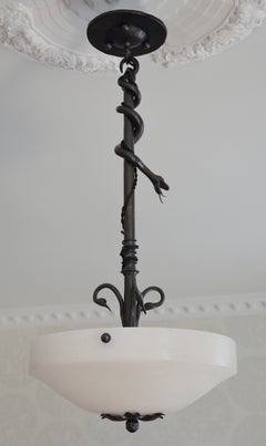 Rare French Art Deco Wrought-Iron Snake and Alabaster Pendant Chandelier
