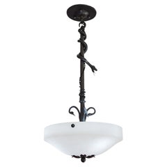 Rare French Art Deco Wrought-Iron Snake and Alabaster Pendant Chandelier