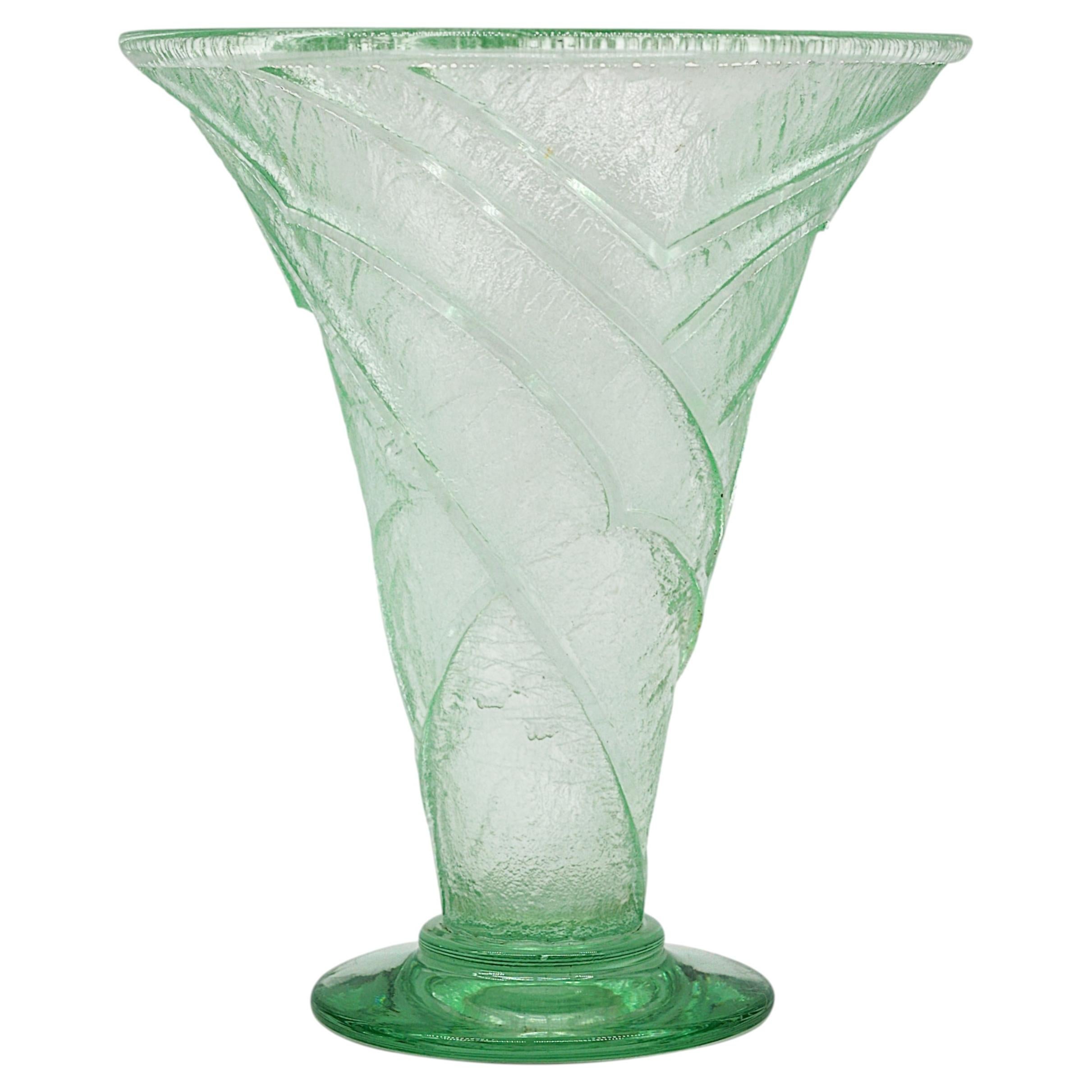 Daum Nancy Art Deco Acid-Etched Vase, Green Art Glass, France, 1920