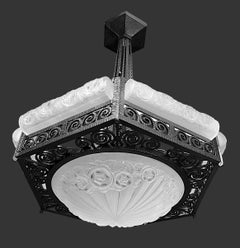 Degue French Art Deco Chandelier, Frosted Glass & Wrought Iron, 1920