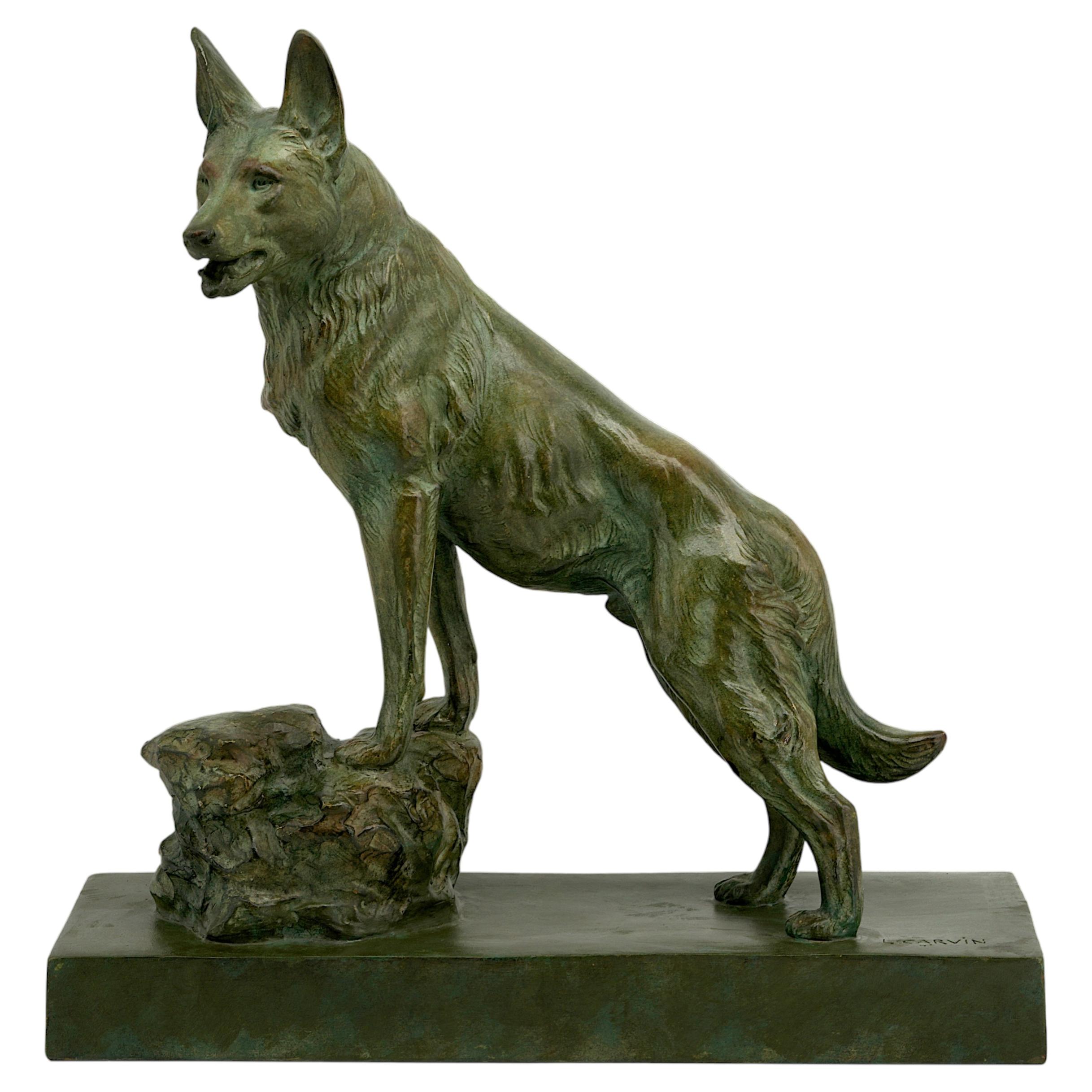 Sculpture Art déco française en terre cuite représentant un berger allemand, réalisée par L. Carvin, France en vente