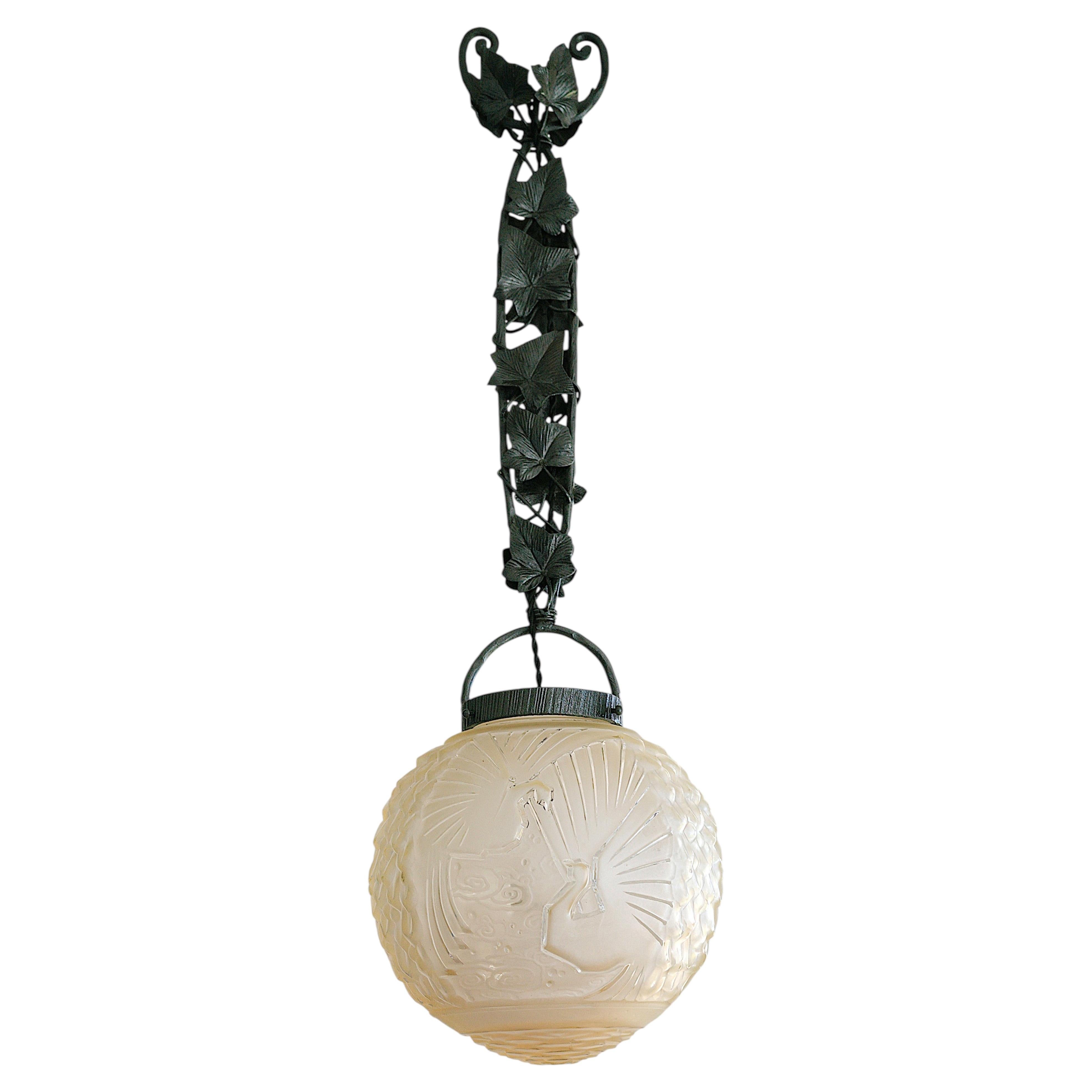 Muller Freres French Art Deco Bird Ceiling-Light, 1920 For Sale