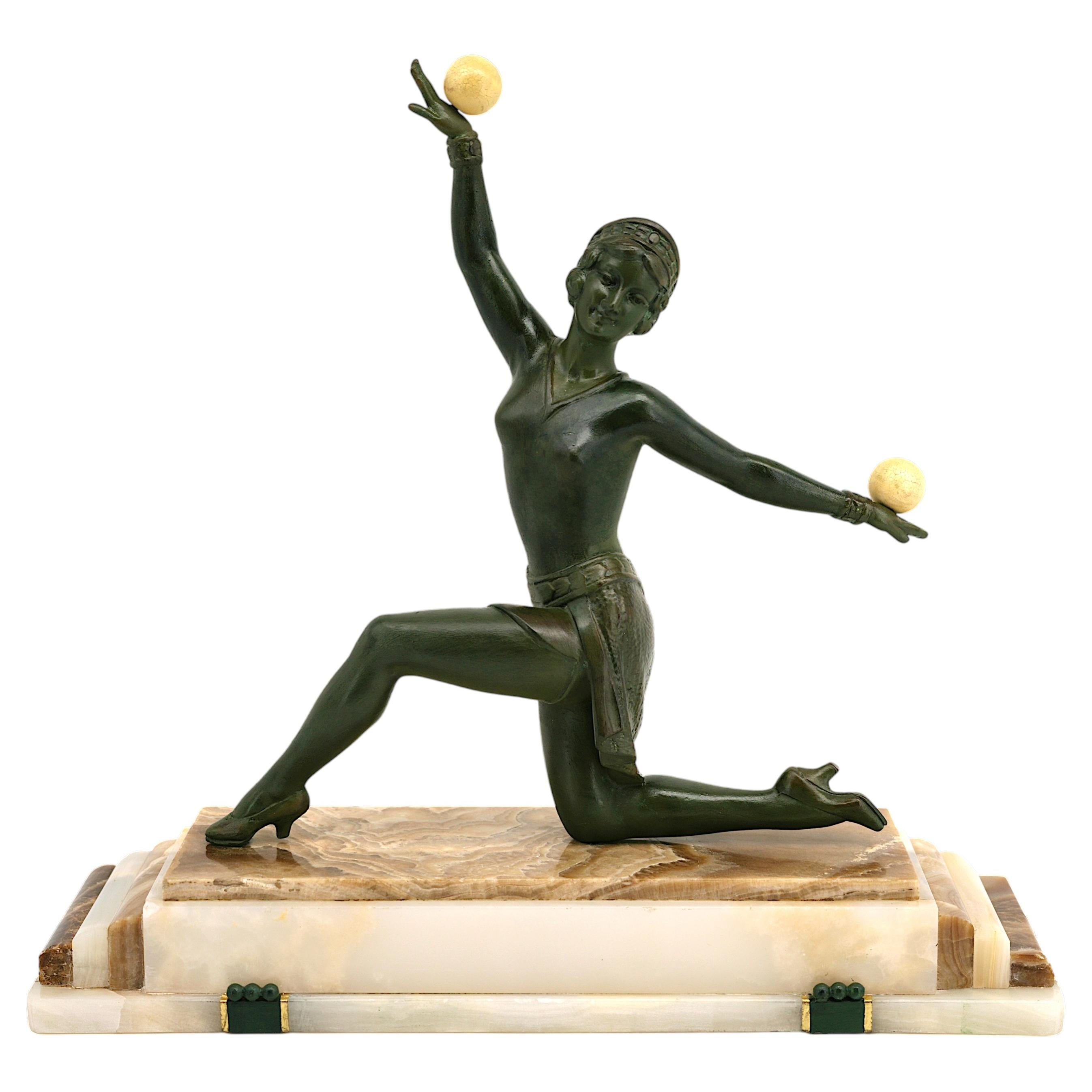French Art Deco Dancer Sculpture by Molins, Spelter and Onyx, circa 1920 For Sale