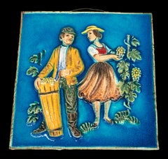 Ceramic Grape Harvest Wall Plaque by Karlsruher Majolika, Germany, c.1970
