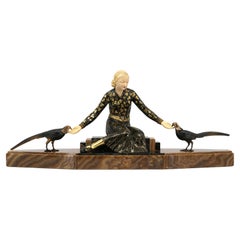 Georges Gori Large French Art Deco Lady with Birds Sculpture, 1920