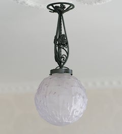 Cherrier & Besnus Art Deco Ceiling Light, Glass & Wrought Iron, 1920