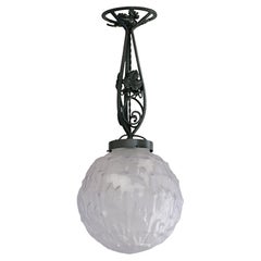 Cherrier & Besnus Art Deco Ceiling Light, Glass & Wrought Iron, 1920