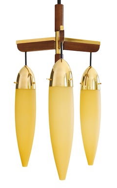 Mid-Century Modern Chandelier, Stilnovo or Arlus, Teak & Brass, 1950s