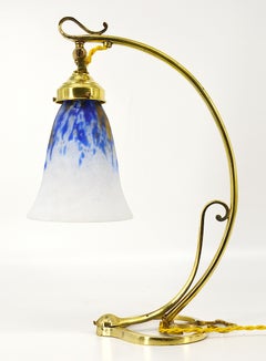 Daum French Art Deco Table Lamp, Blown Glass Shade, Bronze Base, 1920