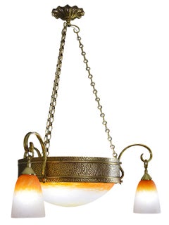 Lustre Charles Schneider Art Deco, verre et laiton, France, années 1920