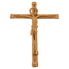 French Mid-Century Bamboo and Rope Crucifix, Sacred Art, circa 1950