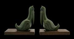 French Art Deco Bookends, Spelter & Glass, Stylized Pelicans, 1920s