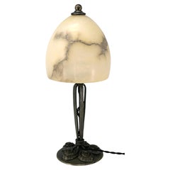 Edgar Brandt Art Deco Wrought Iron Lamp with Alabaster Shade, France, 1920s