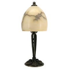 Edgar Brandt Art Deco Wrought Iron Lamp with Alabaster Shade, France, 1920s