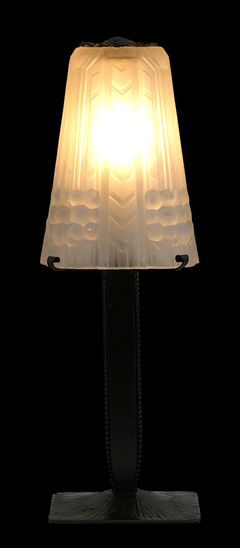 French Art Deco Table Lamp with Des Hanots Frosted Glass Shade, 1920