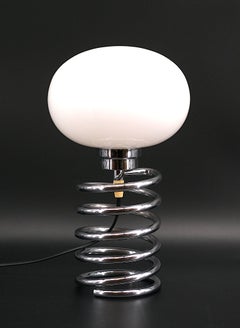 Ingo Maurer Spring Table Lamp in Chrome and Opaline Glass, Germany, 1970s