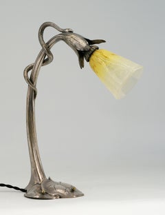 French Art Deco Snake Table Lamp with Schneider Shade, 1920