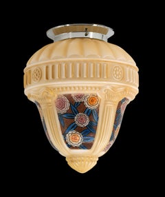 French Art Deco Ceiling Light in Decorated Glass and Chrome, circa 1920