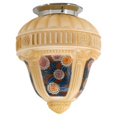 Lampada da soffitto Art Déco francese in vetro decorato e cromo, 1920 circa