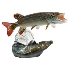 French Large Glazed Ceramic and Glass Pike Fish Accent Lamp, circa 1950