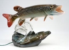 French Large Glazed Ceramic and Glass Pike Fish Accent Lamp, circa 1950