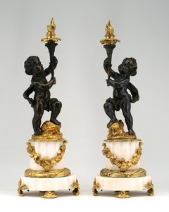 Pair of French Louis XVI Style Bronze and Marble Candlesticks, circa 1870