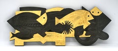 Roger Capron “Les Poissons” , Rare Gilt Lead Wall Sculpture, France, circa 1968