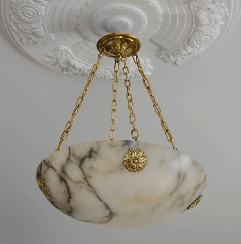 Early 20th Century Large French Art Deco Alabaster Pendant Chandelier, 1930