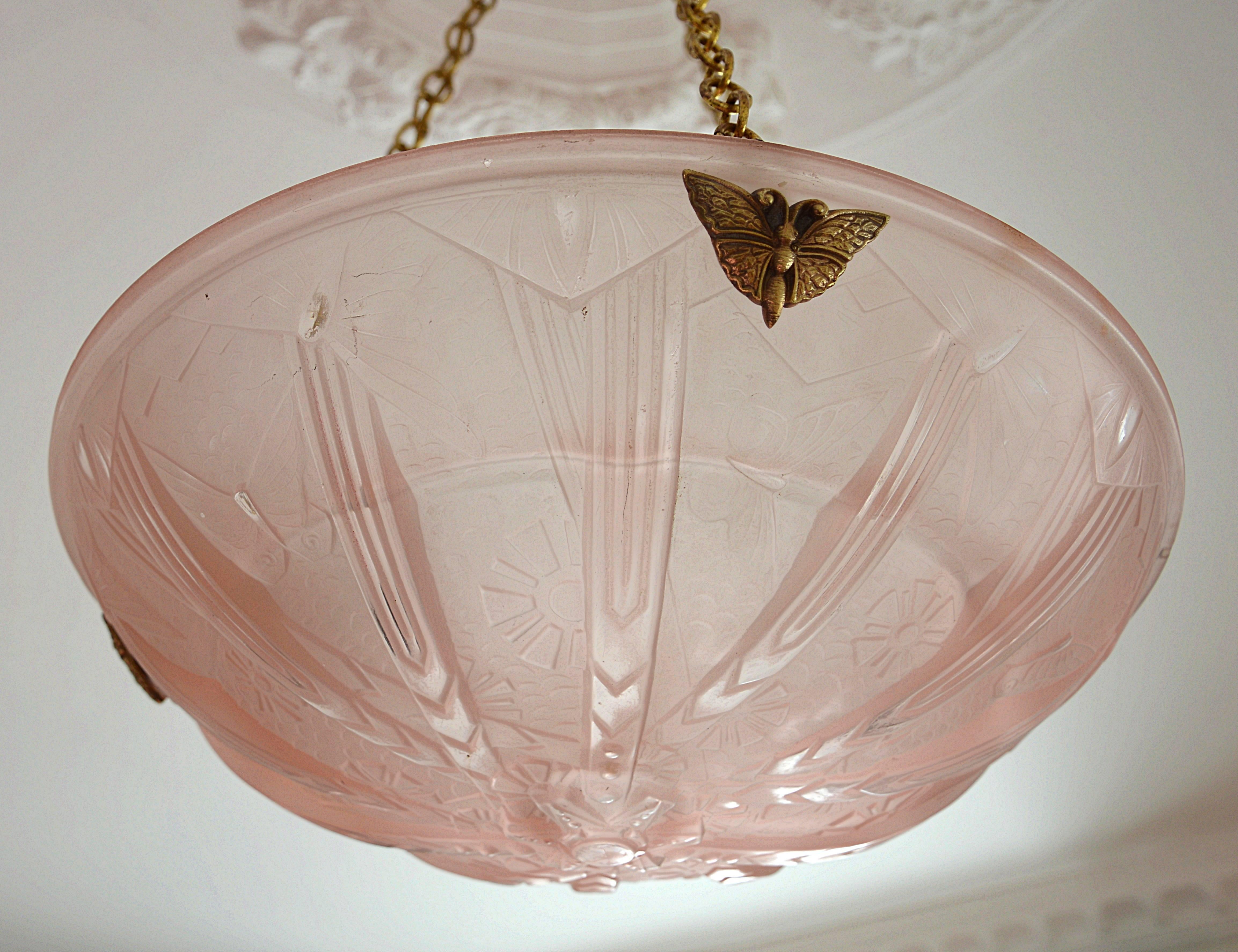 Bronze Muller Freres French Art Deco Butterfly Pendant Chandelier, 1925