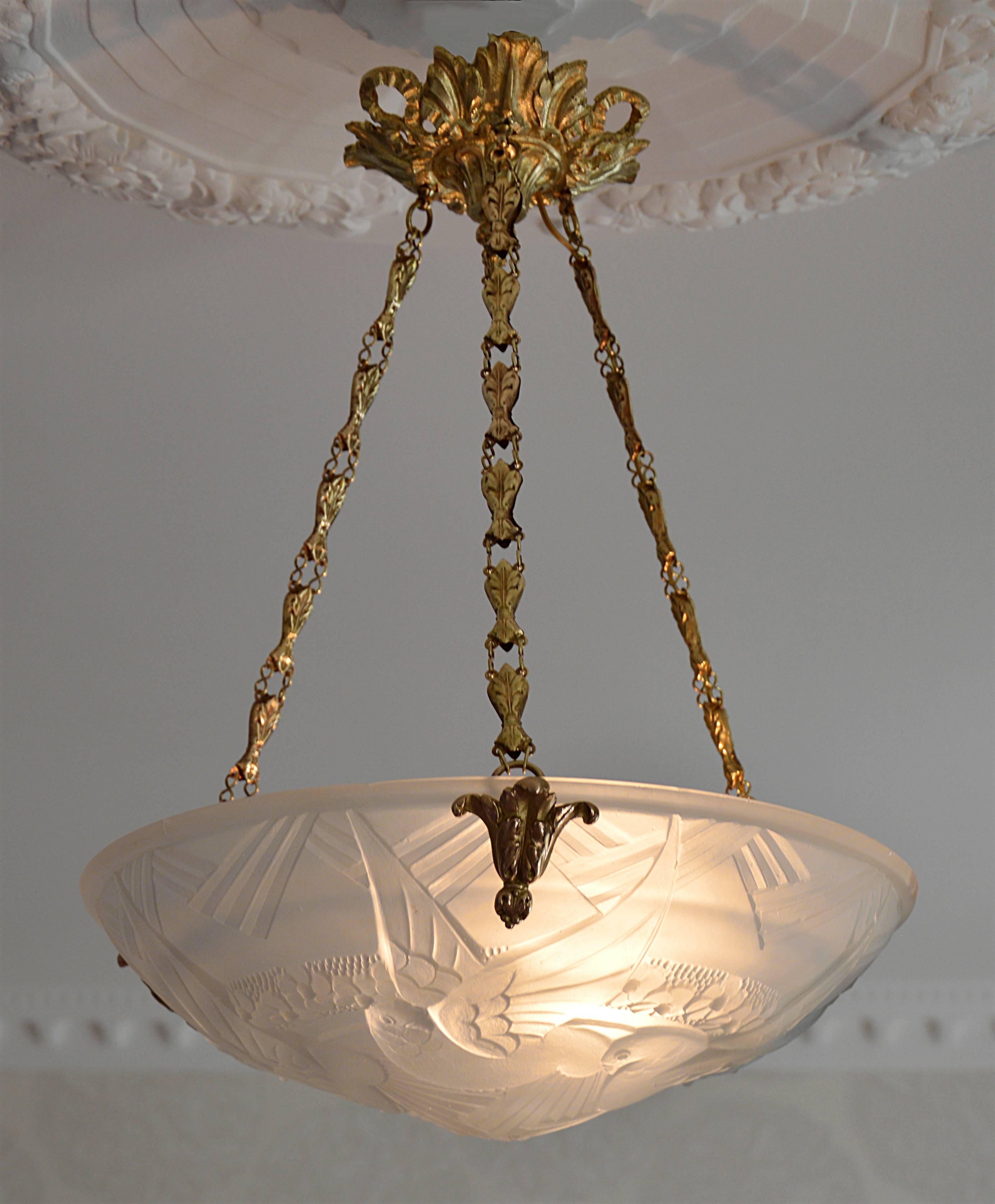 Molded Muller Freres French Art Deco Pendant Chandelier, Late 1920s
