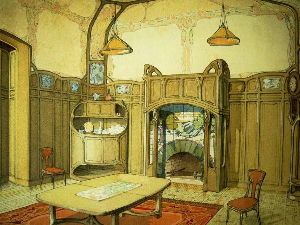 Two Lithographs enhanced with gouache by Maurice Dufrene. Two original plans from "Interieur Moderne d'une Famille Française" by Maurice Dufrene in 1906.
These two plans are the illustration of the dining-room. The first plan shows a