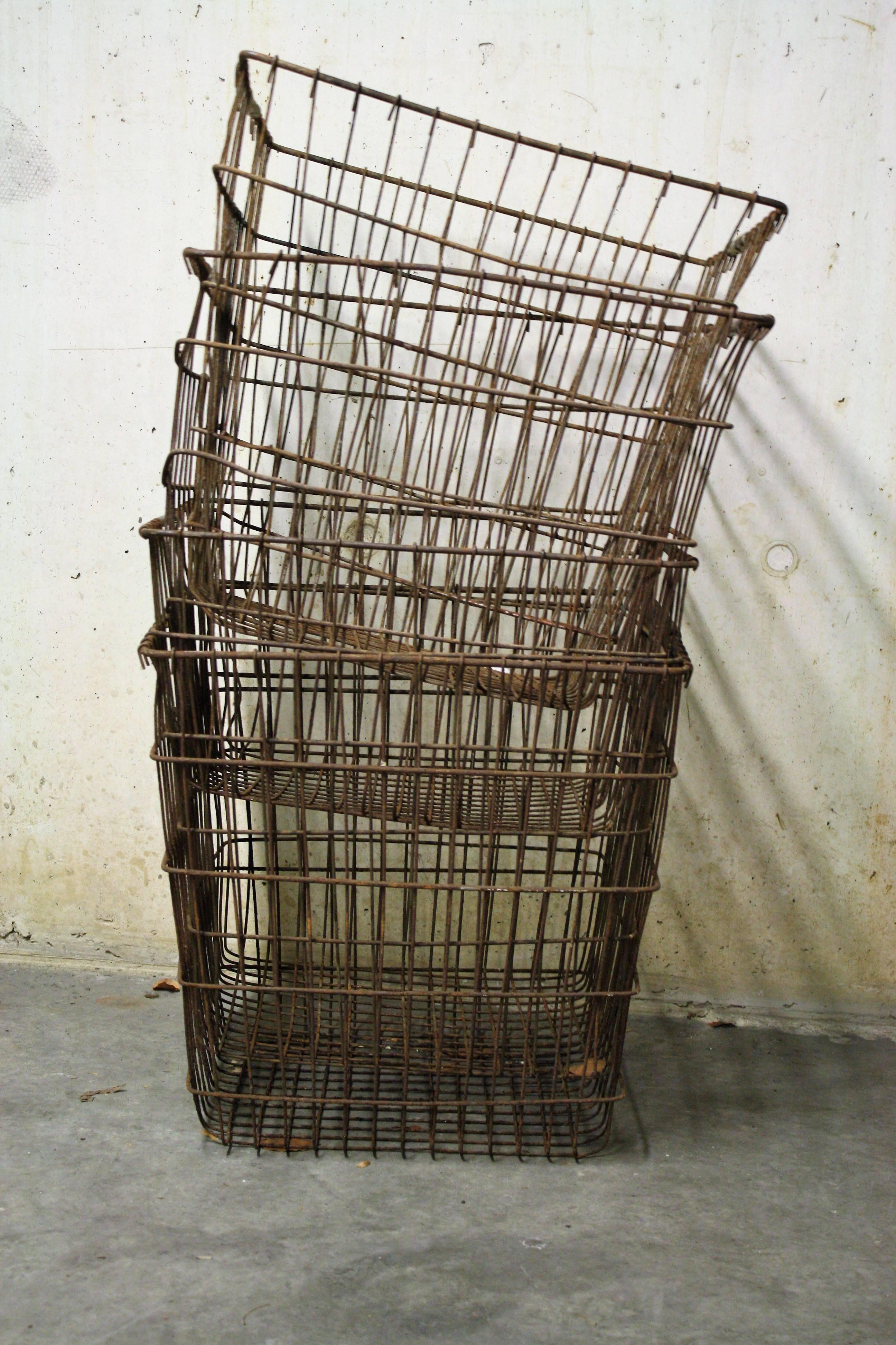 Vintage wire baskets or oyster baskets.
 
These baskets are both great looking and ideal for general storage.
 
Because of their large size they can perfectly serve to store wood for the fireplace, 
 
1950s, Belgium.
 
Measures: Height