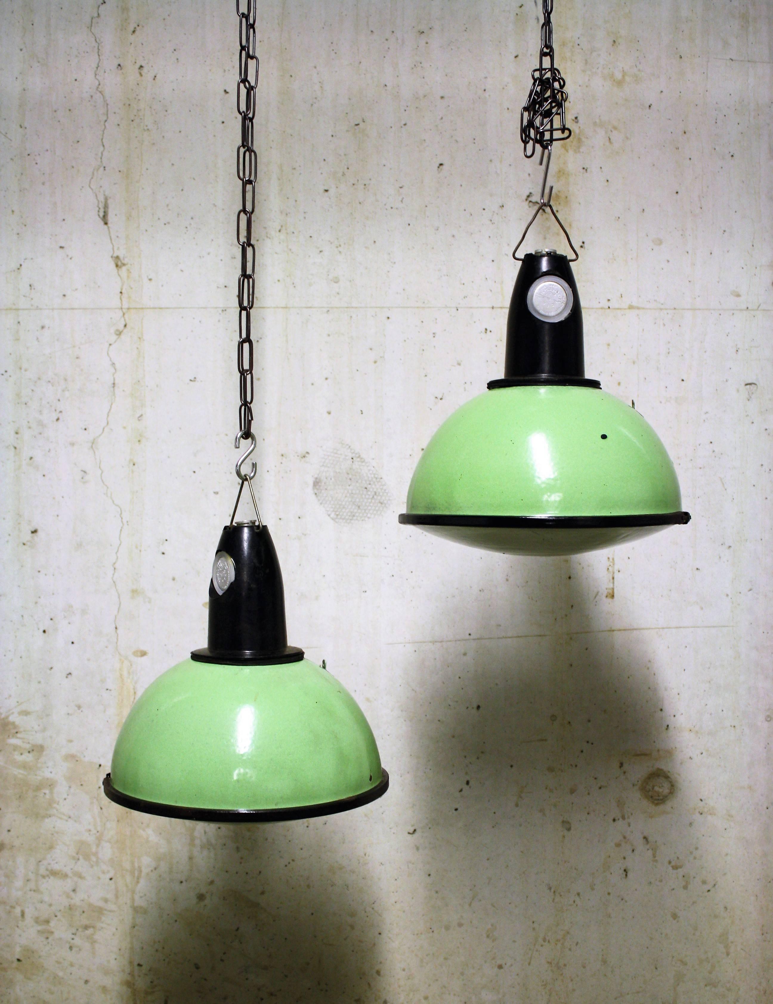 Latvian Green Industrial Pendant Lights with Glass, 1960s For Sale